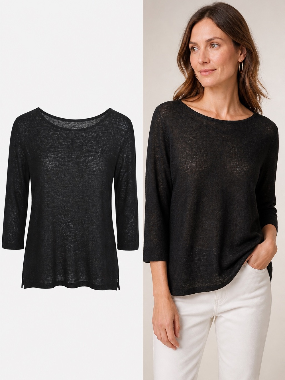J.Jill | Black Linen Blend Lightweight Knit Top | 3/4 Sleeve | Size Small